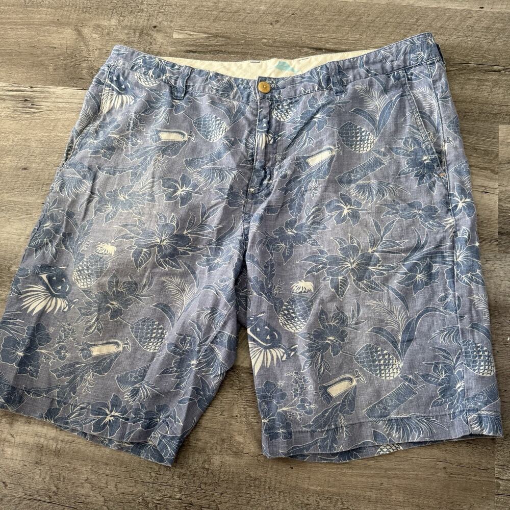 Tommy Bahama Linen Shorts Mens 36 Floral Distressed Blue Flat Front Hawaiian